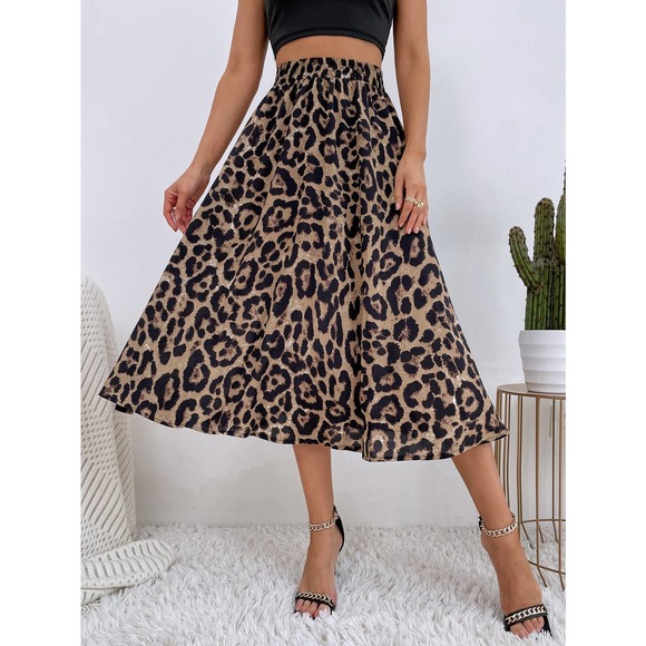 Leopard Print High Waist midi Skirt Minimalist Business Casual - Picture 5 of 7